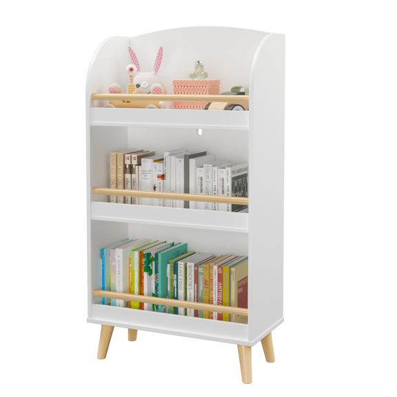 3-Tier Kids Bookshelf - White Bookcase & Toy Storage Organizer for Nursery, Playroom, MDF with Wood Legs, 19.68" W x 9.44" D x 37.4" H