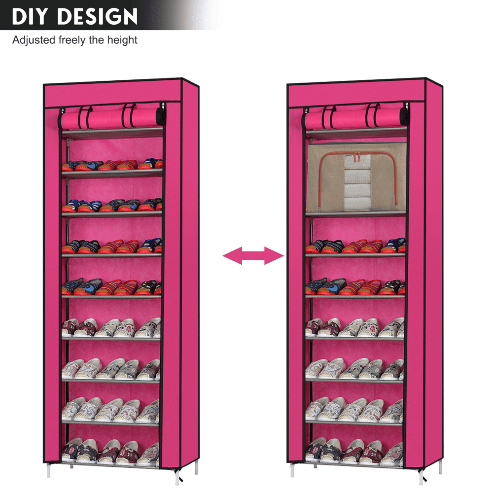 Hassch 10-Tier Shoe Rack with Cover and Side Pockets for Hallway Entryway, Rose Red