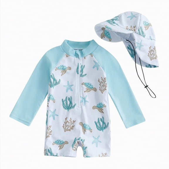 HCNTES Cute Baby Boy Swimsuit Long Sleeved One Piece Bathing Suit Summer Infant Rashguard Surfing Suit with Sun Cap Beachwear(White,0-3 M)