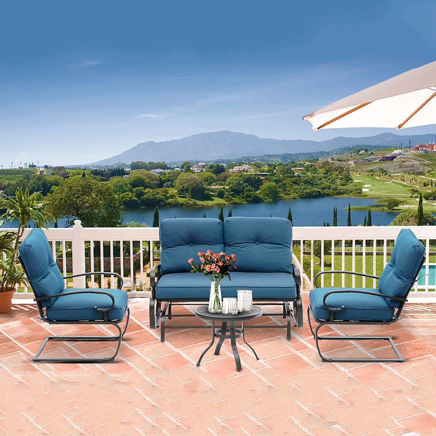SUNCROWN 4-Piece Outdoor Patio Furniture Set Wrought Iron Conversation Sets, Peacock Blue