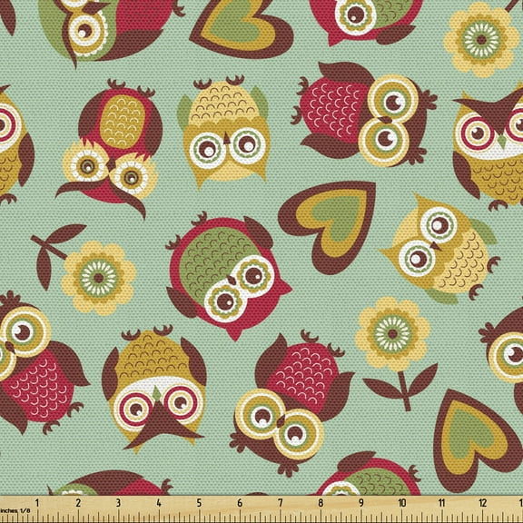 Owls Fabric by the Yard, Cheerful Theme Ornate Birds Nostalgic Vintage Pattern, Decorative Upholstery Fabric for Chairs & Home Accents, 3 Yards, Multicolor by Ambesonne