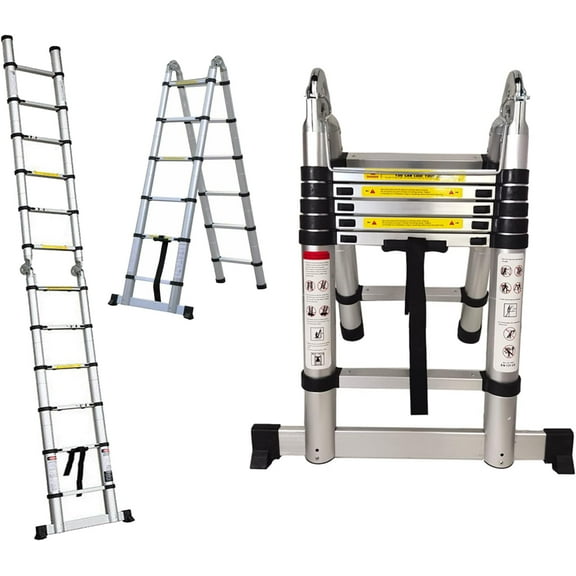 Jupitor Aluminum Telescoping Ladder, 12.5FT A-Frame & Extension, 330Lb Capacity, Silver