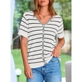 thumbnail image 6 of FreshPretty Women's Short Sleeve Sweater Spring Summer Crochet Knit Tops V Neck Striped Button Down Dressy Casual Blouses, 6 of 9