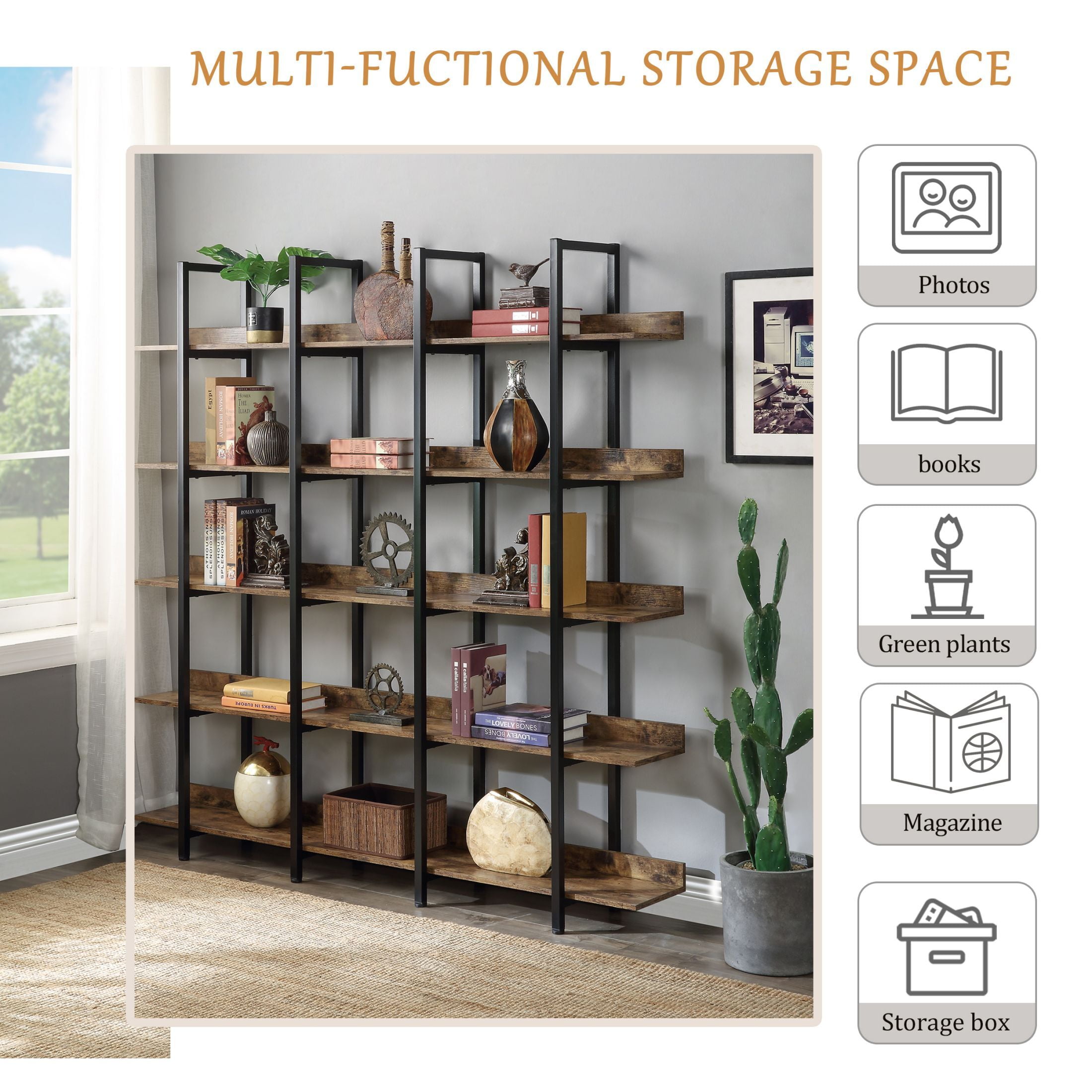 AENKYO 5-tier Bookcase with Open Shelves, Metal frame Shelf Room Divider for Books, Plants, Brown