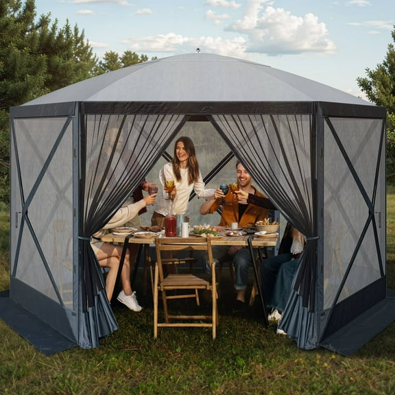 Uforic 11.5x11.5ft Pop Up Canopy Gazebo, Outdoor Canopy Tent with 6 sidewalls and Netting, Waterproof, UV Resistant, Party Tent with Carrying Bag for Camping, Gray
