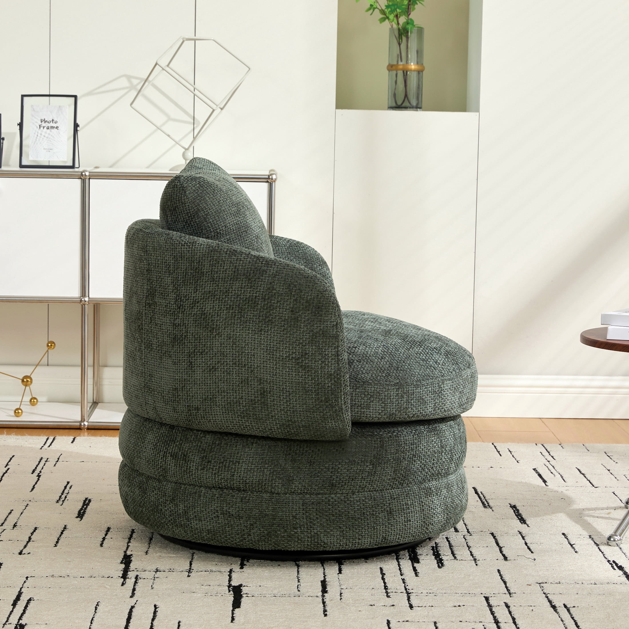 Noble House Norlyn 30" Chenille Swivel Barrel Accent Chair, 360° Comfy Lounge Reading Armchair with Pillow, Green