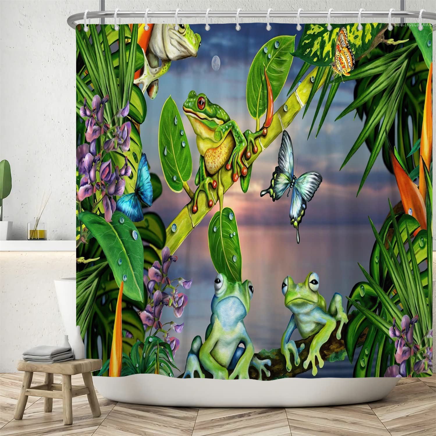jejeloiu Frog Shower Curtain 72x84 Kids Cartoon Pond Bathroom