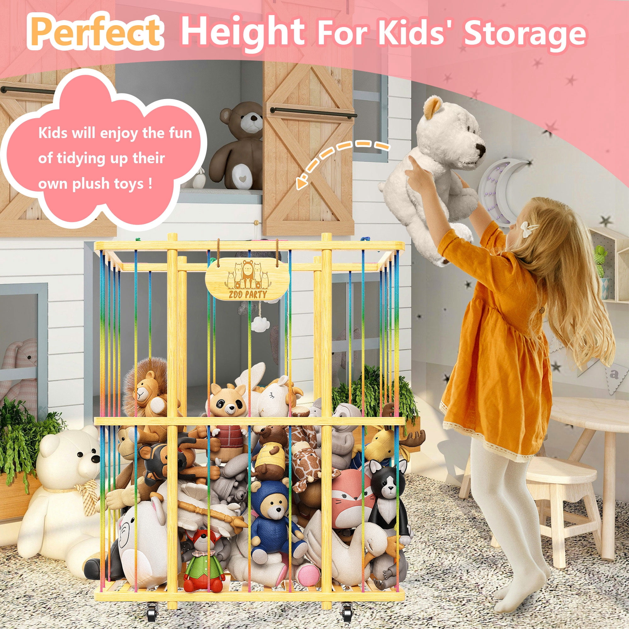 Large Stuffed Animal Zoo Storage Cage, Plush Toy Storage Organizer with Wheels, Bamboo Stuffed Animal Holder, Creative Stuffed Animal Storage for Nursery Playroom