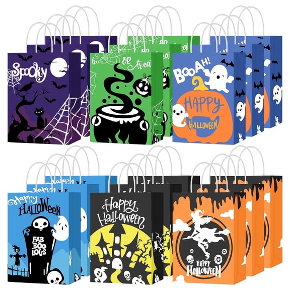HEQUSIGNS 18 Pcs Halloween Treat Bags, Halloween Paper Gift Bags with Handles, Halloween Trick or Treat Candy Bags Goodie Bags for Holiday Treats Snacks Kids Halloween Party Favors Supplies
