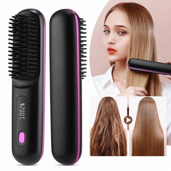 Cordless Hair Straightener Brush for Women, Electric Portable Ceramic Hot Straightening Comb for Travel with LCD Display & Hair Clips, Fast USB Rechargeable, Anti-Scald, Black