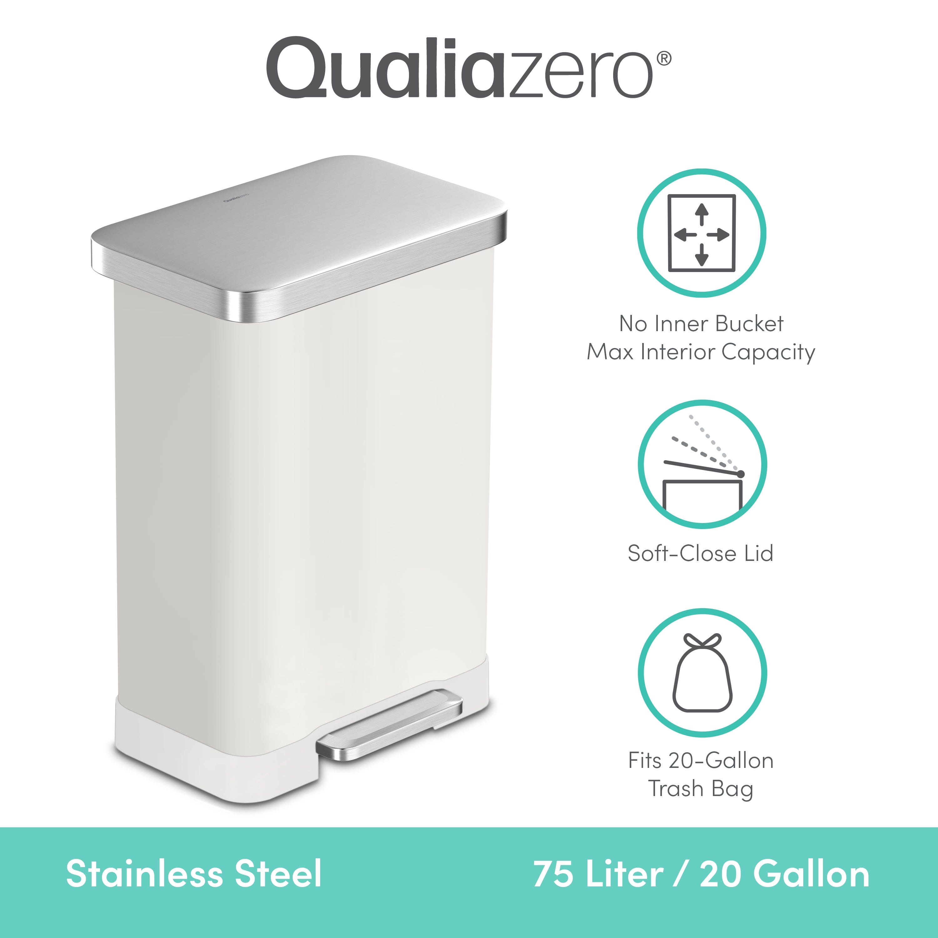 Qualiazero Kitchen Trash Can, 20 Gallon Stainless Steel Step Garbage Bin with Soft Close Lid, Matte White