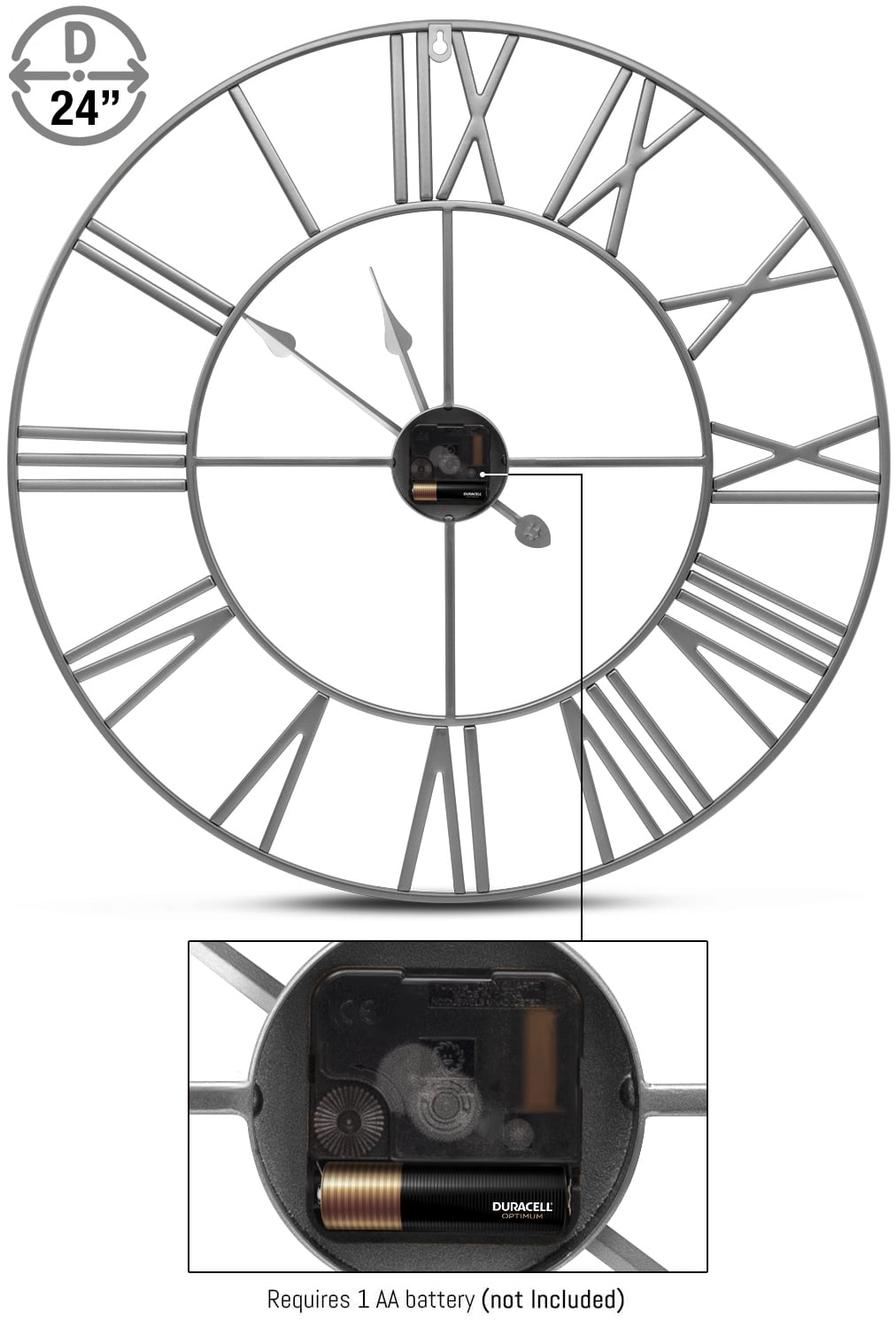 Sorbus 24in Roman Numeral Wall Clock, Decorative Silver Analog Time Display