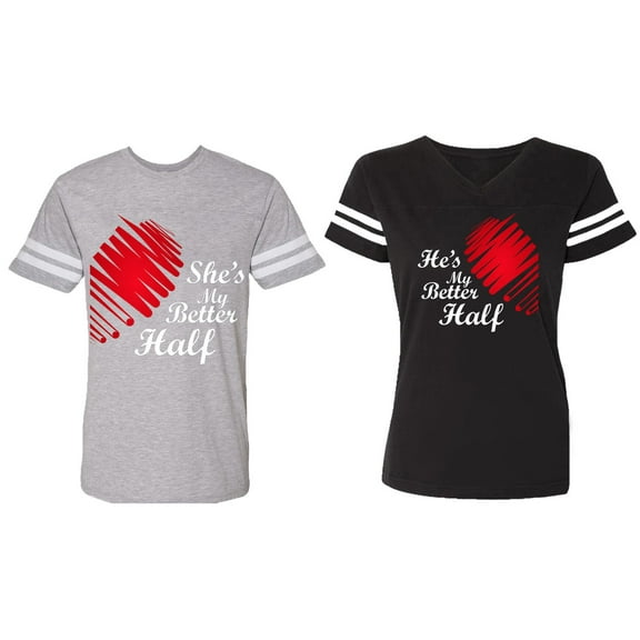 He she is My Better Half Matching Couple Cotton Jerseys (Men Heather / Women Black) (Men S / Women S)