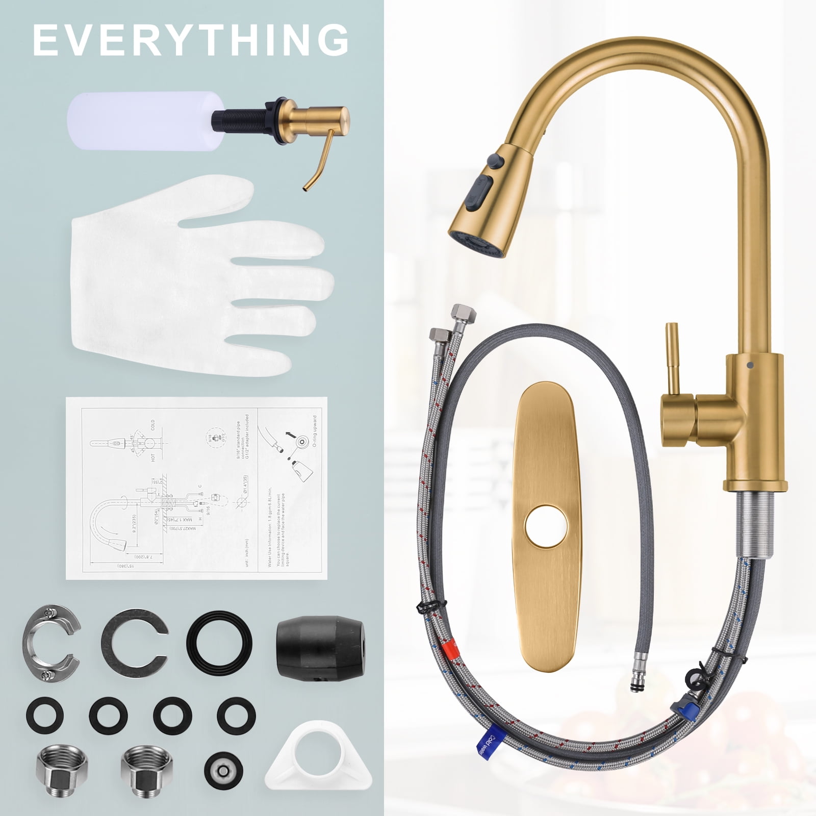 Wowow Single Handle Stainless Steel Pull Down Kitchen Faucet with Sprayer and Soap Dispenser, Gold