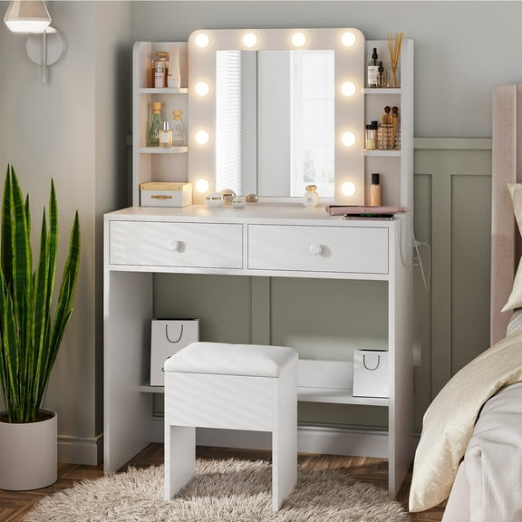 Haewon Vanity Desk with Mirror and LED Light, Power Outlets, Makeup Vanity with Large Capacity Drawers and Cushioned Storage Stool for Bedroom and Corner Space