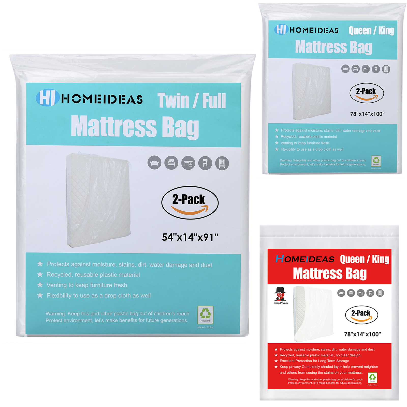 Fits Queen//King Size 2 Pack HOMEIDEAS Mattress Bags for Moving and Storage Protects Bedding and Furniture from Moisture and Dirt