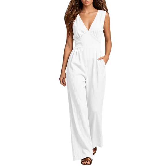 Lenpel Jumpsuits for Women Fashion Pleated V Neck Sleeveless Rompers Solid Color Dressy Casual Wide Leg Jumpsuits(White,X-Large)
