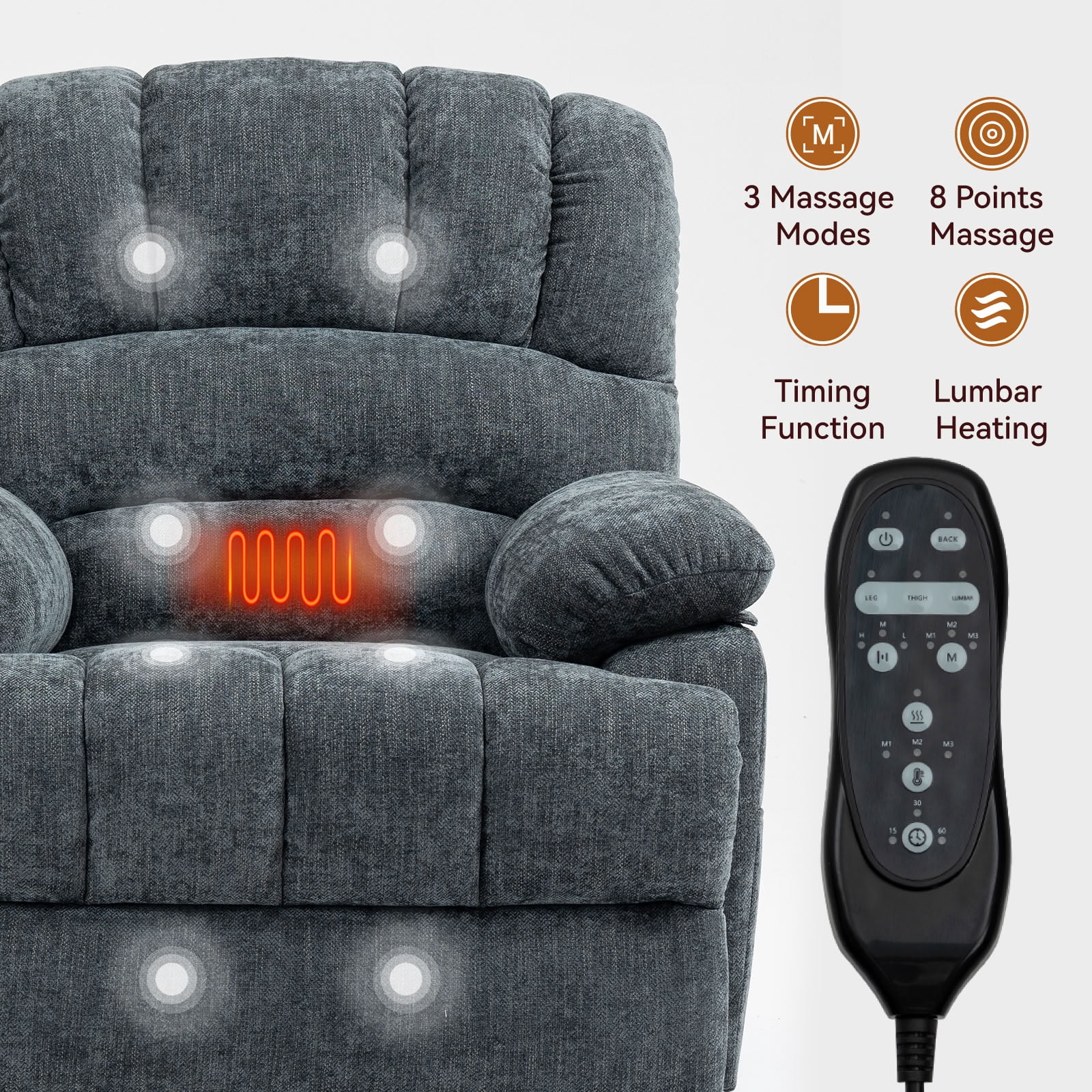 MAYEERTY Oversized Power Lift Recliner Chair, Chenille Electric Lift Chair with 8-Point Vibration Massage & Lumbar Heat, USB Port, for Living Room Elderly