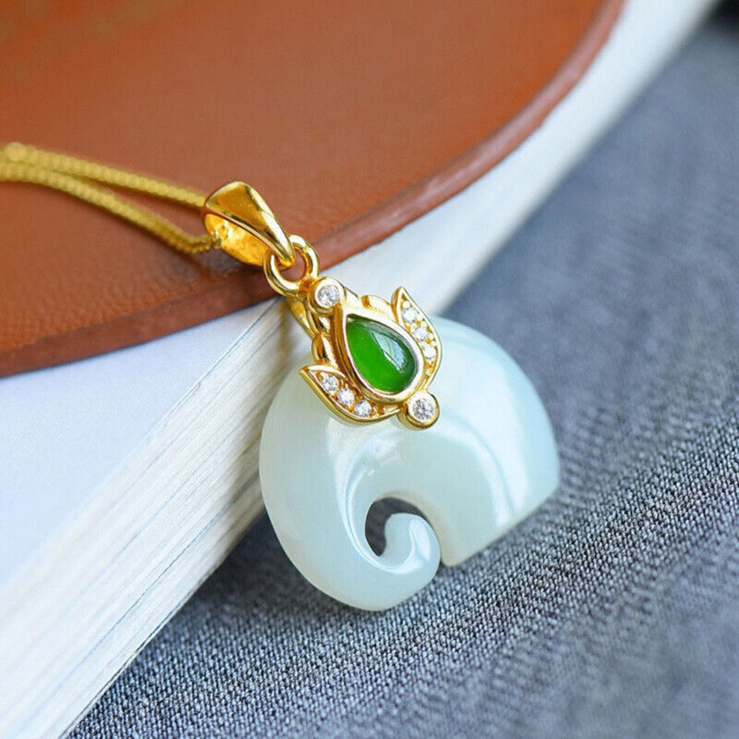 White Jade Elephant Pendant Natural Chalcedony Necklace Jewelry -