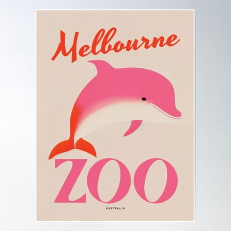 Melbourne Zoo Retro Poster Dolphin Pink Orange Vintage Poster Wall Art, Modern Wall Decor For Living Room Bedroom, 8x12 UNFRAMED