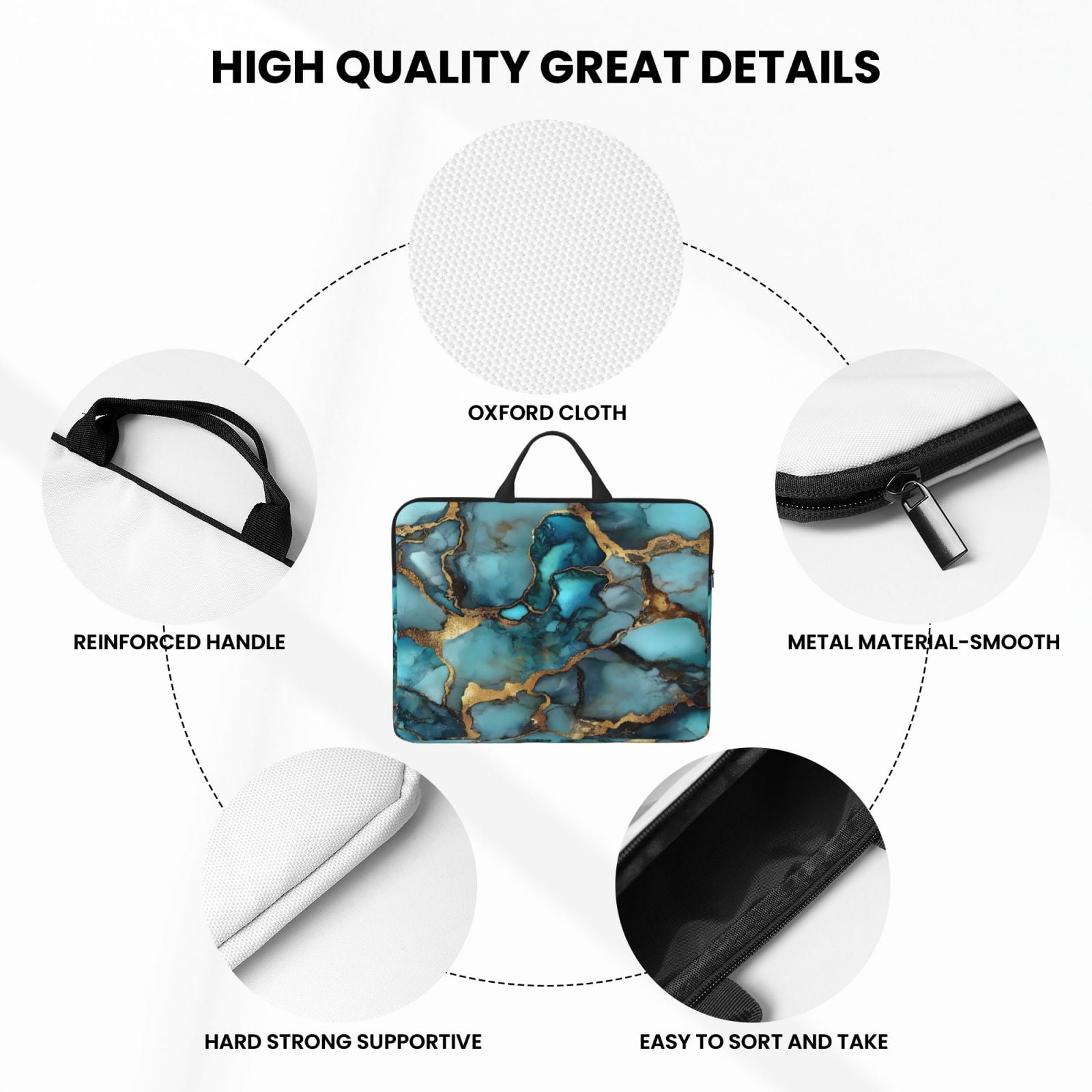 Laptop Sleeve Bag For Women Men 14inch Waterproof Durable Protective Computer Carrying Cover Handle Laptop Case Bag Teal Gold Marble