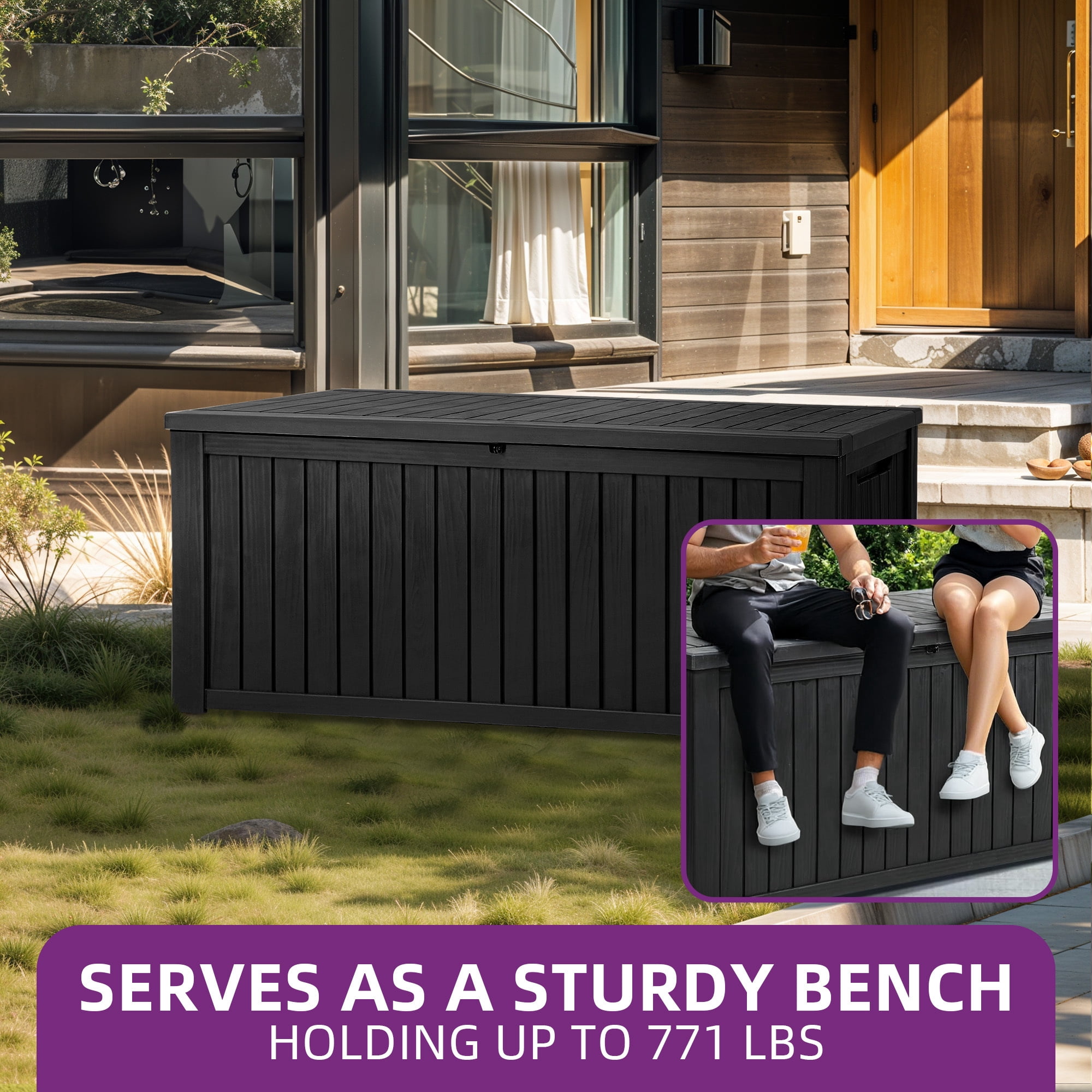 Dextrus 220 Gallon Extra-Large Resin Deck Box, Black Waterproof Storage Container, Lockable Deck Box with Removable Divider for Garden Tools, Pool Accessories & Outdoor Furniture Essentials