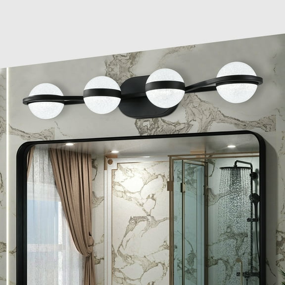 30" Modern Black LED Vanity Light - 4-Light Bathroom Wall Sconce with Crystal Sand Acrylic Shades, Energy-Efficient Mirror Lighting Fixture