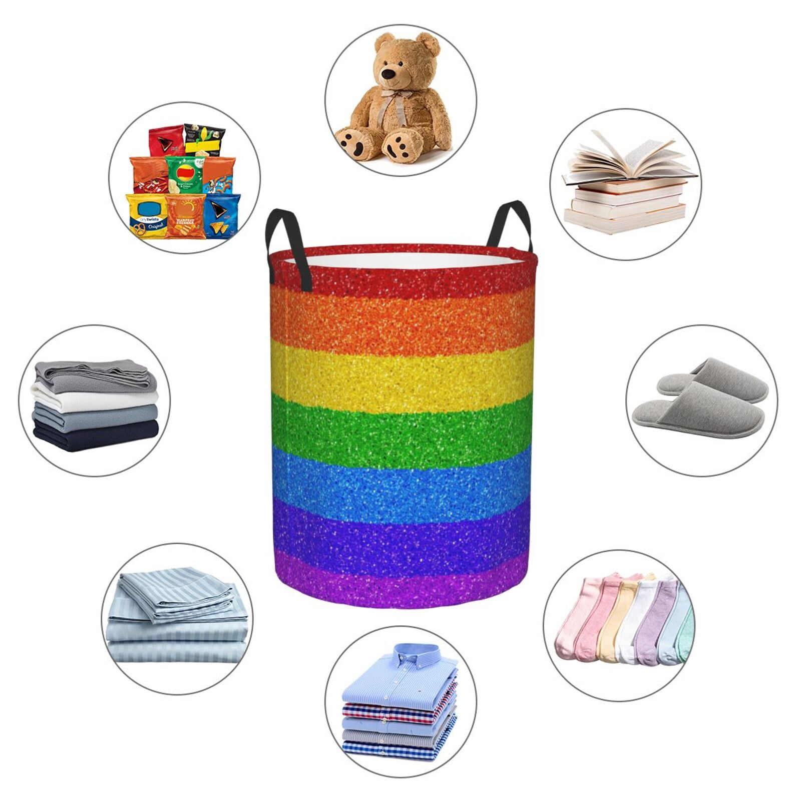 Large Laundry Basket with Handles - Colorful Glitter Rainbow Kids Baby Dirty Clothes Laundry Hamper for Bedroom Aesthetic