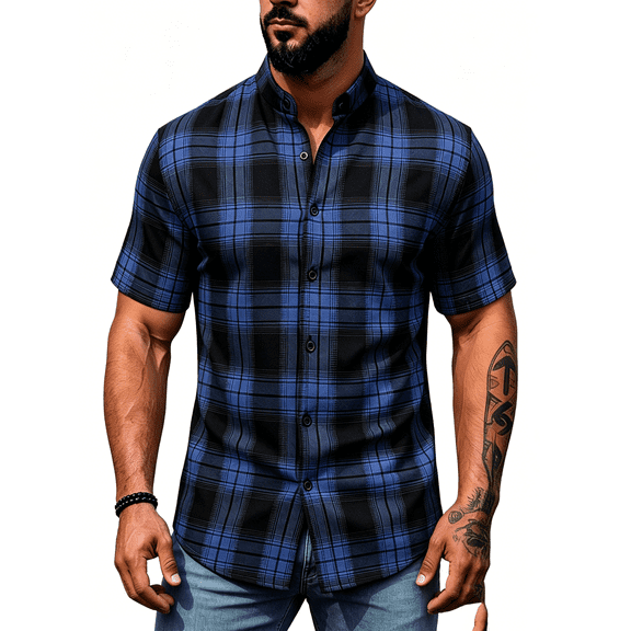 Busydd Plaid Shirts for Men Casual Stand Collar Button Down Shirt Men Fashion Short Sleeve Summer Shirts 2XL