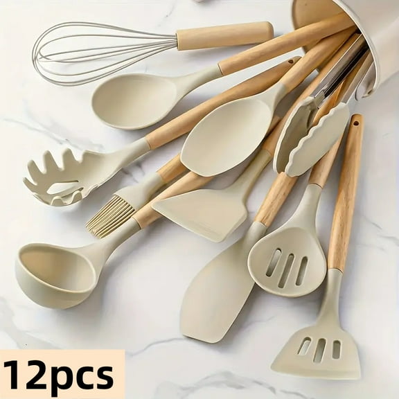 Miserwe 12-piece luxury silicone kitchen cooking utensils set with wooden handle, egg beater, brush pliers, heat-resistant and non-stick cookware, essential kitchen small tools, healthy
