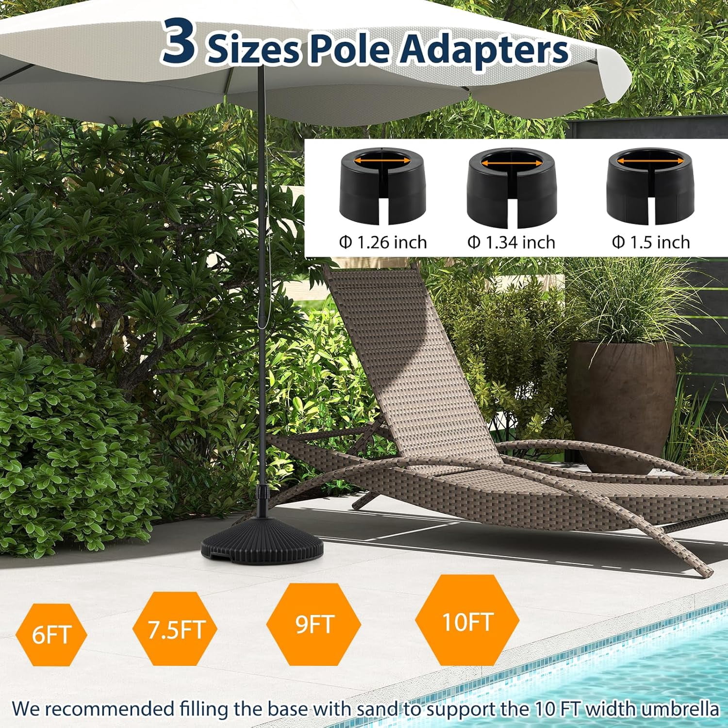 JFTER Round Umbrella Base, 55 lbs Water & Sand Filled Shell Shaped Patio Umbrella Weoghts, 3 Coupler Sizes for 6FT/ 7.5FT/10FT Market Umbrella Stand