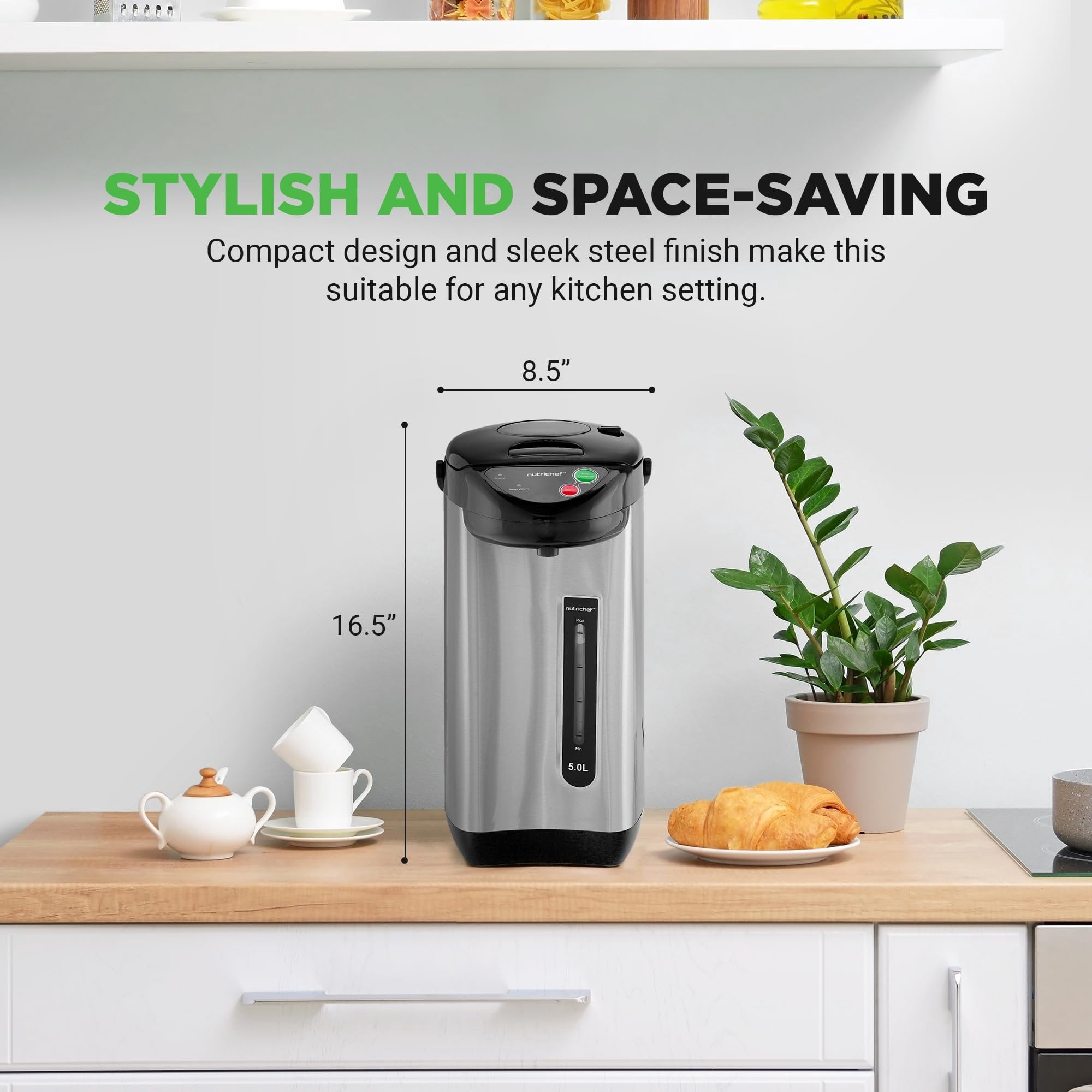 NutriChef 5.2 Qt Electric Water Kettle, Quick Heating, 5 Liter Digital Kettle with 5 Temperature Settings, Safety Lock, Stainless Steel, 3 Dispensing Options, Easy to Clean, 11"x19"x11"