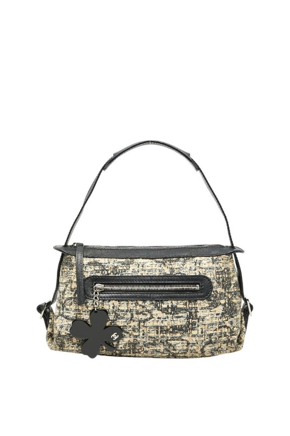 Pre-Owned CHANEL Icon Print Clover One-Shoulder Bag Handbag in Beige and Black Tweed Leather...