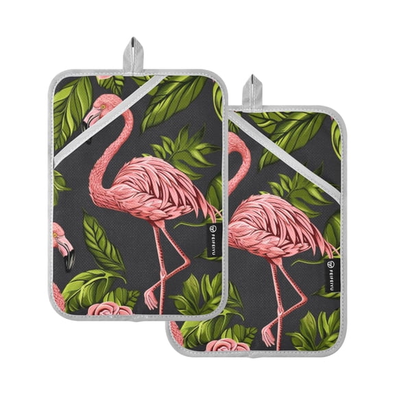 Flamingo Leaves Rose Oven Mitts 2 Pcs Pot Holders Sets Heat Resistant for Kitchen Cooking Baking 7"x9.8"