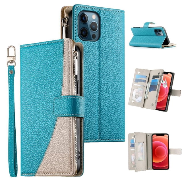 Funda cartera GANGXUN para iPhone 12 Pro Max , cuero PU con tarjetero, cremallera, correa de mano, soporte y protección 600°