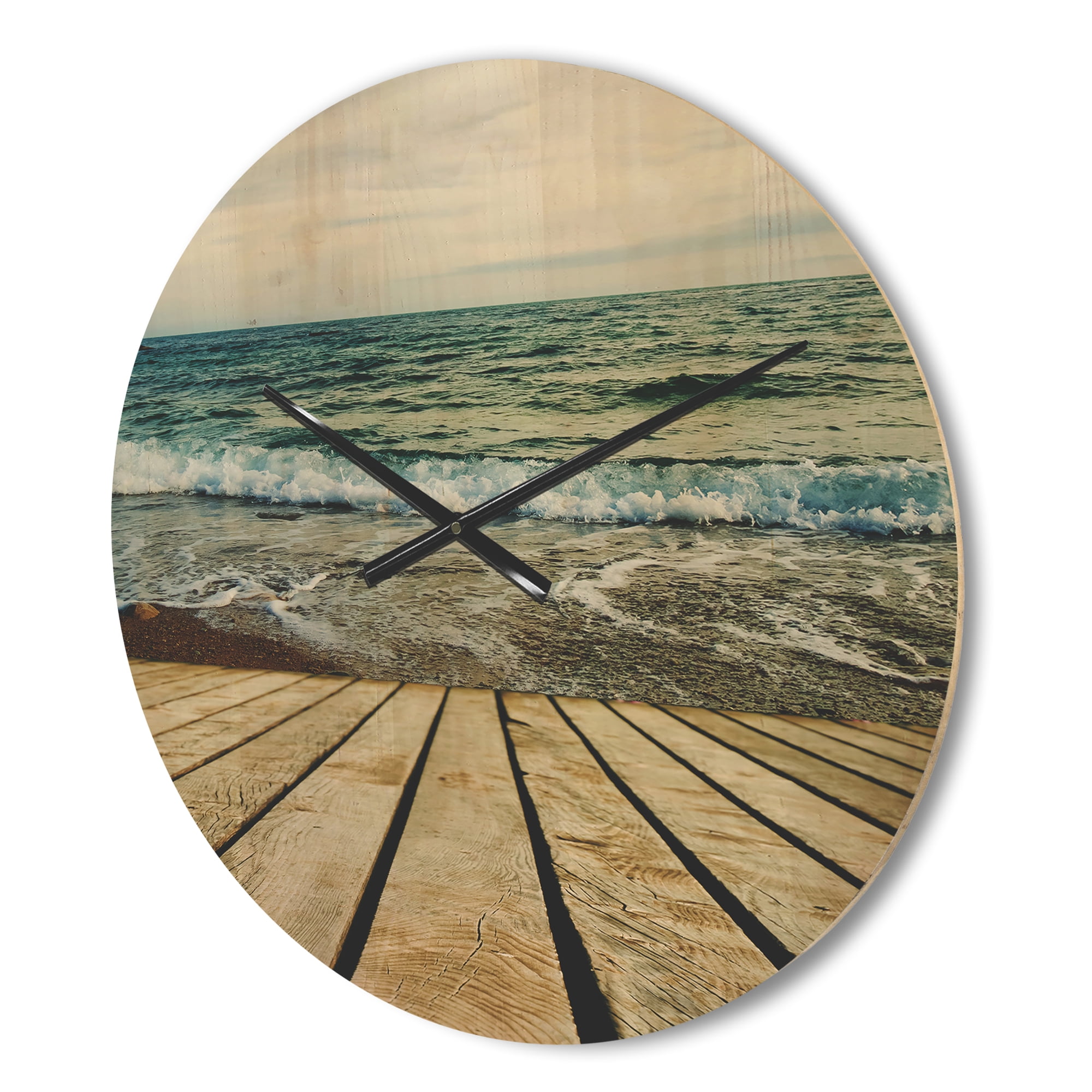 Designart 'Wooden Pier in Waving Sea At Bright Day' Modern Wood Wall Clock