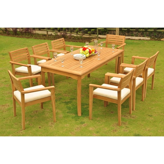 Teak Dining Set: 8 Seater 7 Pc: 71" Rectangle Table & 8 Montana Stacking Arm Chairs Outdoor Patio Grade-A Teak Wood WholesaleTeak #WMDSMTl