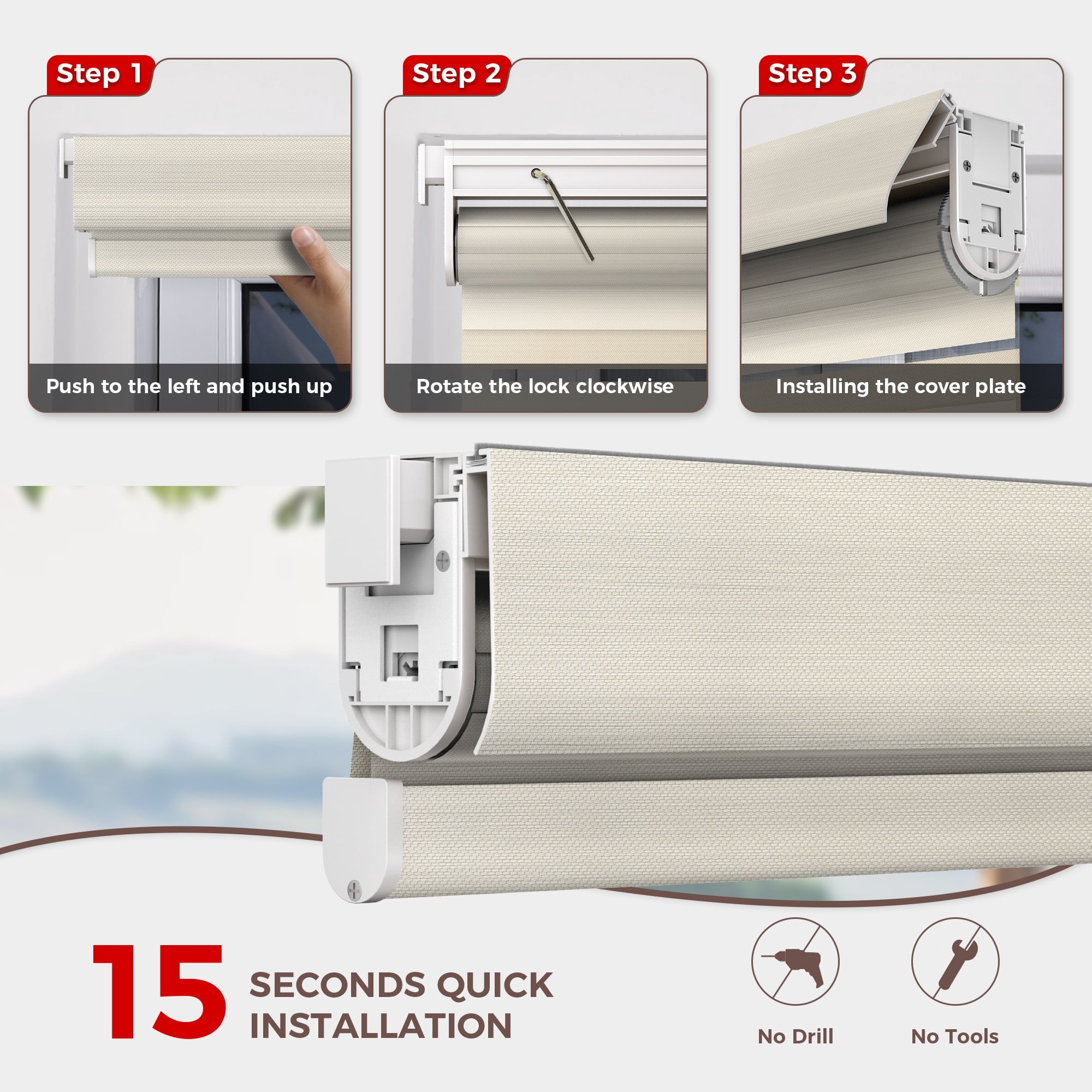 Allesin Zen No Drill No Tools Cordless Zebra Blinds, Beige, 29"Wx48"H