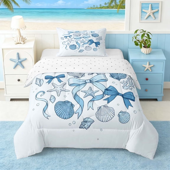 Manfei Blue Seashell Starfish Twin Comforter Sets for Girls Kids, Princess Bow Bedding Set, Reversible 2-Piece, 1 Comforter and 1 Pillowcase