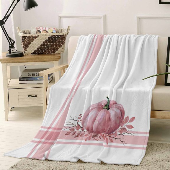 Pink Pumpkin Throw Flannel Blanket 40x50In Thanksgiving Fall Leaf Vintage Farmhouse Super Soft Cozy Bed Blanket, Lightweight Plush Fuzzy Bed Throw for Bedroom Sofa Couch Living Room