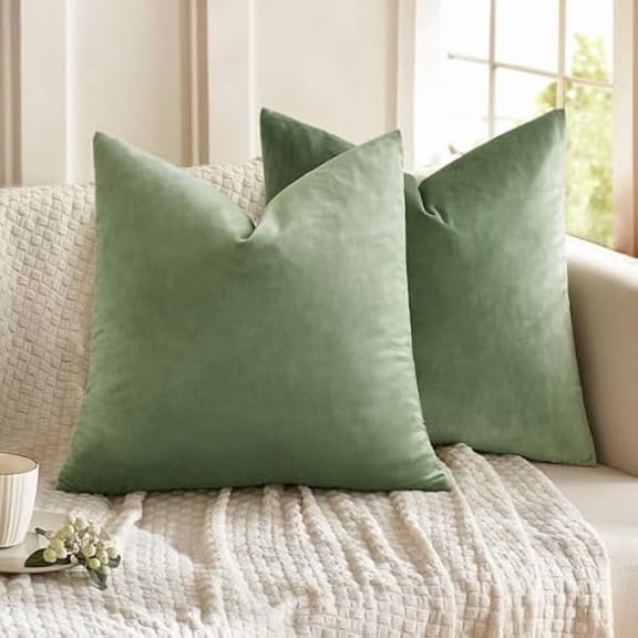 Eryueer Velvet Soft Soild Microfiber Decorative Square Pillow Case Throw Cushion Cover for Sofa Bedroom with Invisible Zipper 18x18 Inch 45x45cm Pea Green Set of 2 Lined