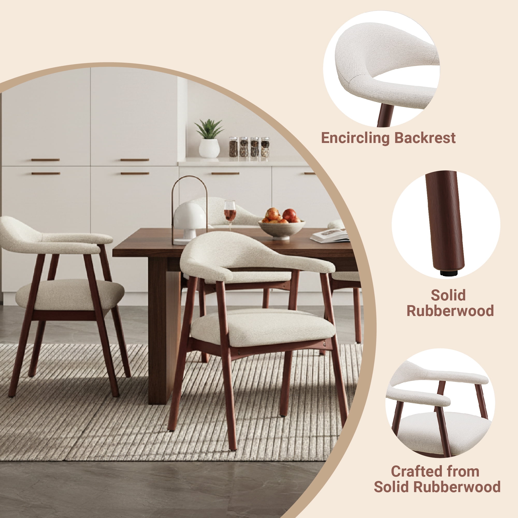 AFO Upholstered Dining Chairs Set of 2, Mid-Century Modern Fabric Kitchen Arm Chairs with Rubberwood Frame, Beige