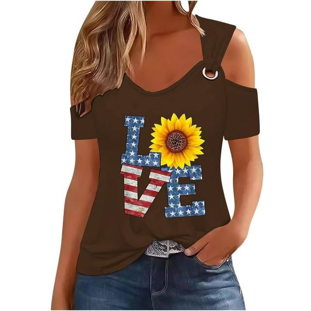 Tops de Hombro Frío para las Mujeres Día de la Independencia Impreso Fuera Del Hombro Blusa con Cuello en V, Fuera Del Hombro de las Mujeres