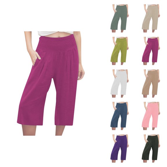 Capri Pants for Women Summer Casual Cotton Linen Elastic Waist Wide Leg Loose Fit Cropped Pants with Pockets