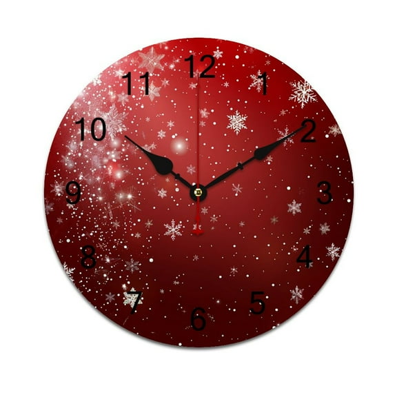 Silent Wall Clock 25cm/9.84in Round Wall Clock Elegant Red Christmas with Snowflake Hanging Clock for Home Living Room Bedroom Kitchen Non Ticking Battery Operated Living Room Mute Clock