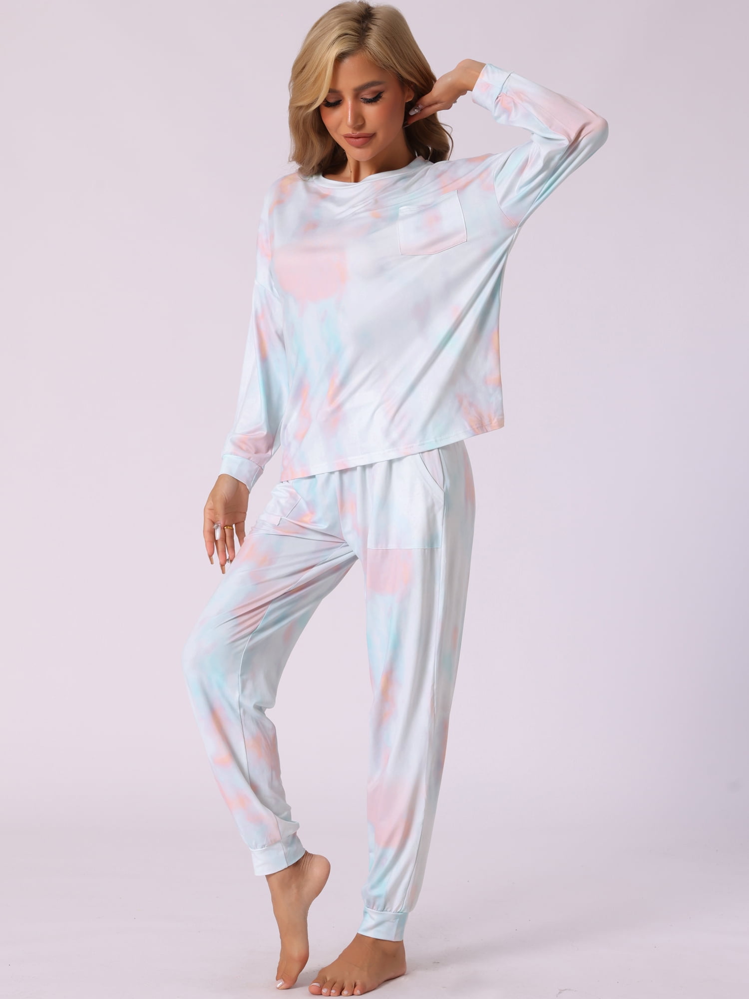 DARING DIVA Women's Tie Dye Long Sleeve Front Pocket Pajamas Set XS White