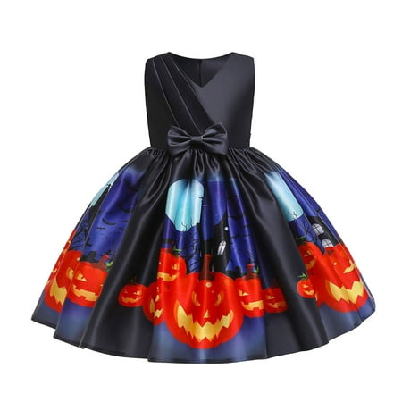 

Chenyuanyuan Girls Kids Girls Bowknot Pumpkins Print Dress Pageant Party Child Gown Dress Size 4-5 Years