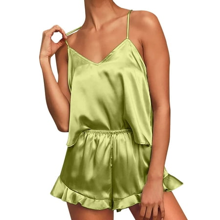 

Daqian Plus Size Womens Pajamas Clearance Women s Casual Print Colorblock Frill Hem Set Housewear Sexy Suspender Vest Suit Pajamas for Women Clearance Green 4(S)