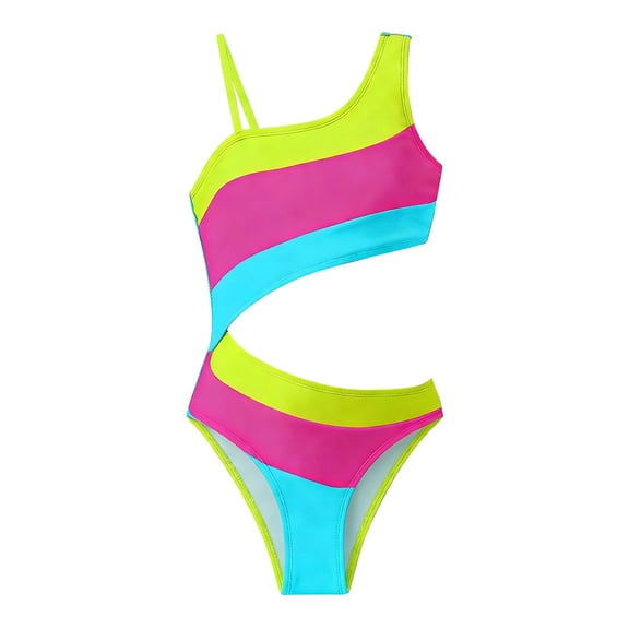 YunPes Girls Swimsuit One Piece with Adjustable Strap Cutout Bathing Suit for Teens Cute Color Block Summer Beach Sport Swimwear