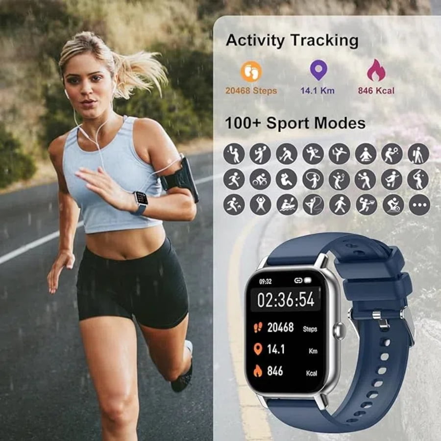 SupDevice Smart Watches for Women and Men, 1.85 in HD Silver Screen, Fitness Tracker, Heart Rate Monitor, Blue Silicone Band, New 1 Count